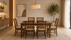 Dining room with wooden table and chairs, neutral decor, and large window.