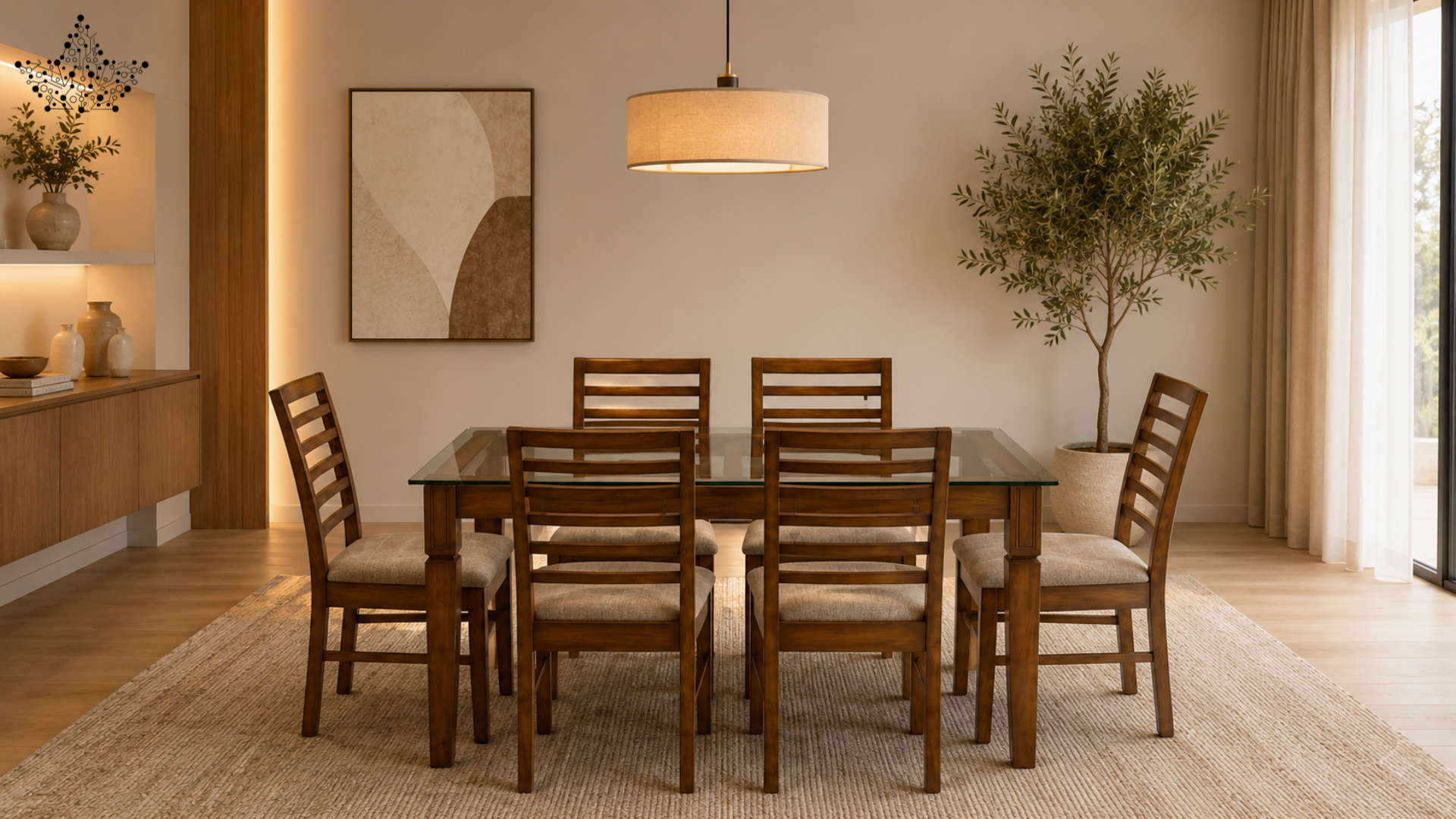 Dining room with wooden table and chairs, neutral decor, and large window.
