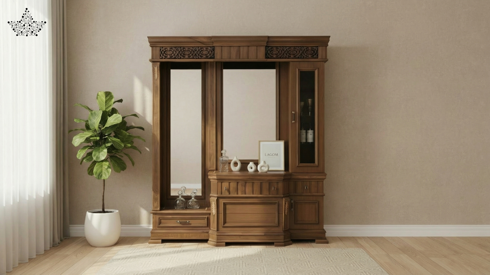 Royal Carved Dressing Unit with Triple Mirror & Cabinet