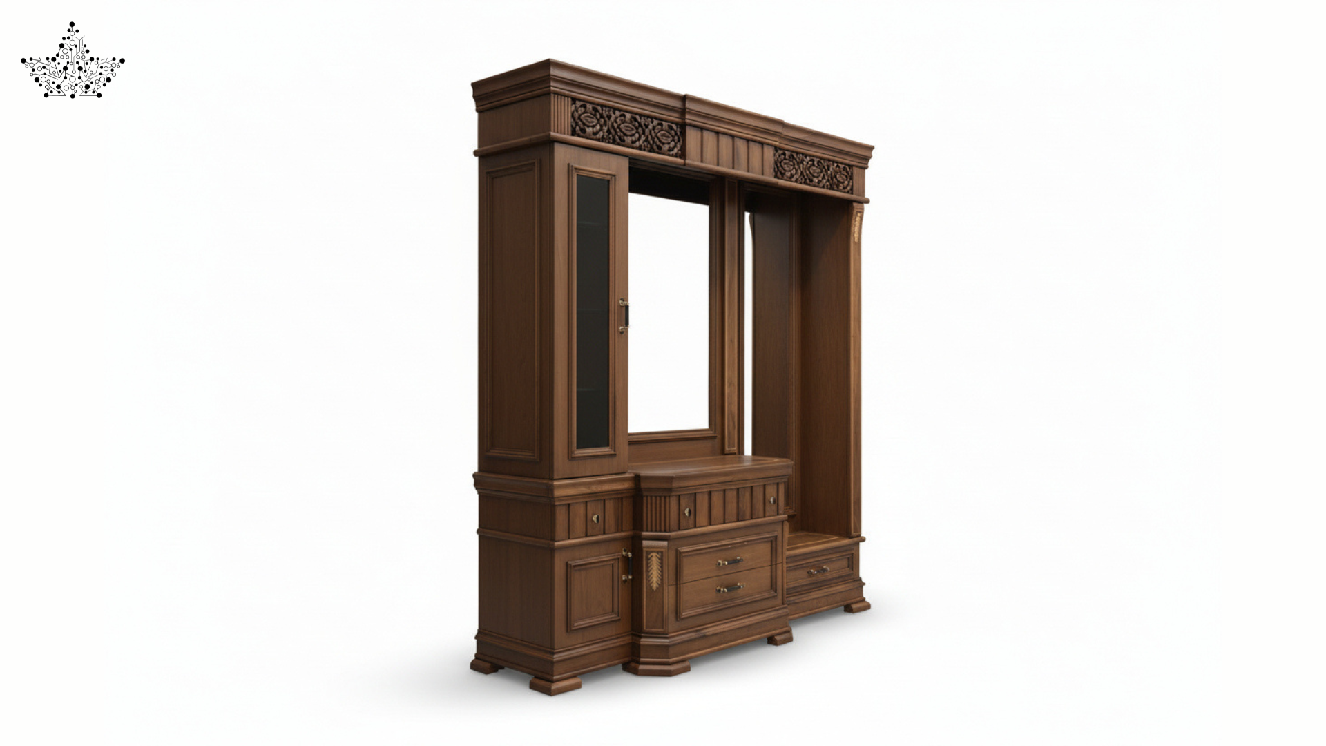 Royal Carved Dressing Unit with Triple Mirror & Cabinet