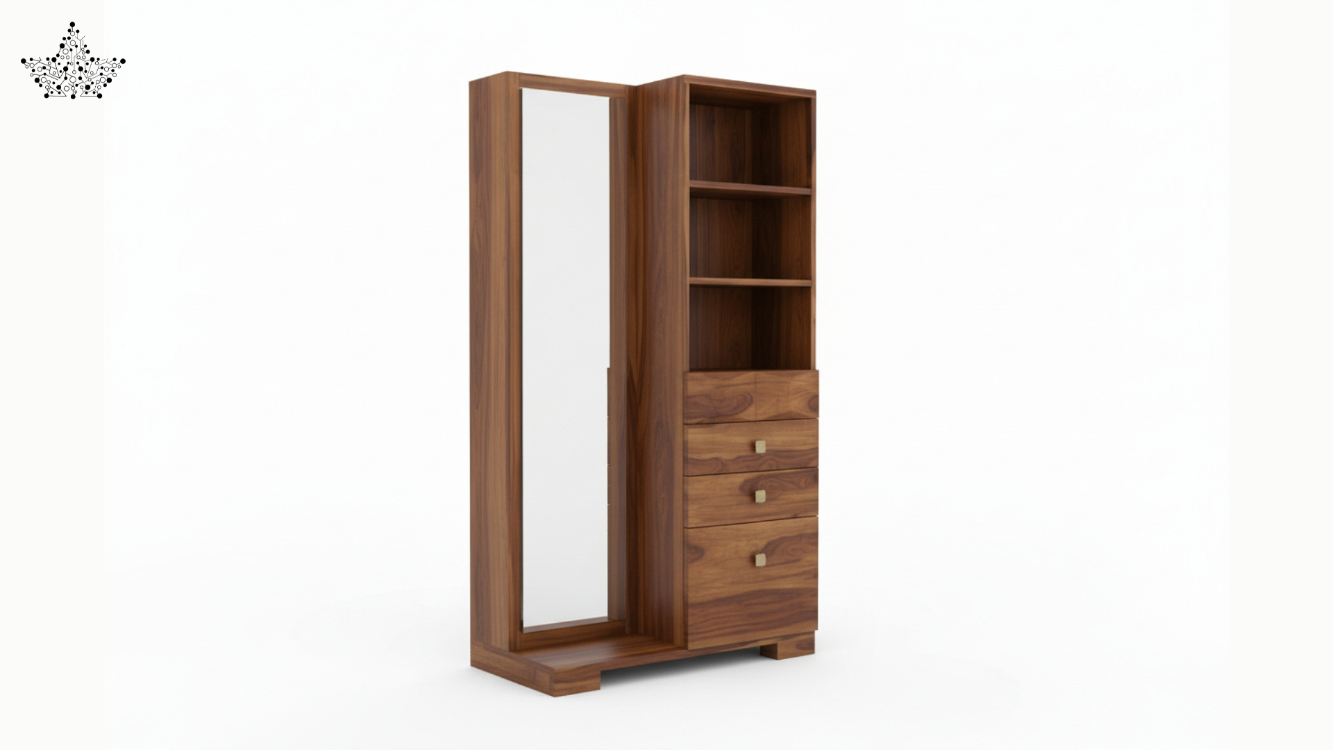 Walnut Mirror Dressing Unit with Shelves & Drawers