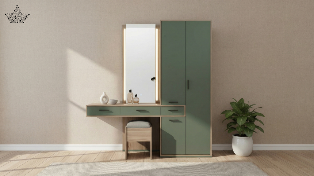 Olive Green LED Dressing Unit with Wardrobe & Stool