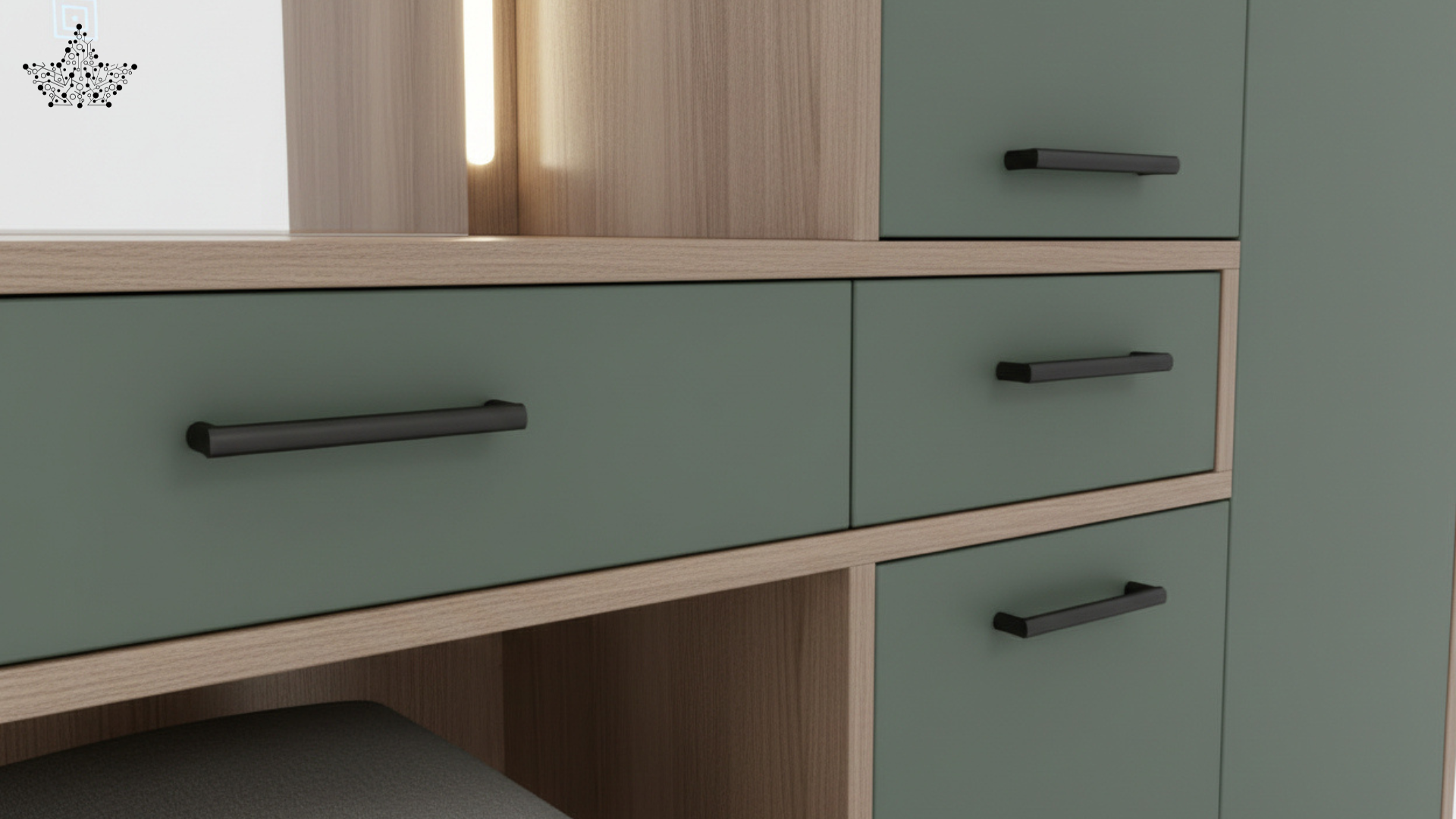 Olive Green LED Dressing Unit with Wardrobe & Stool