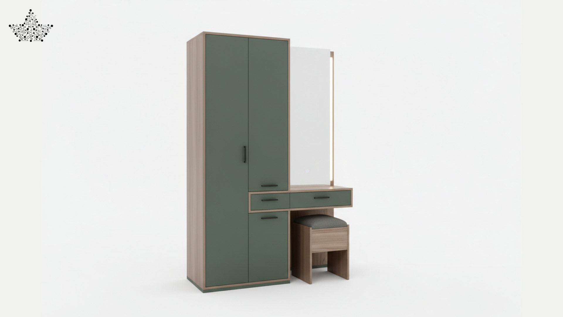 Olive Green LED Dressing Unit with Wardrobe & Stool