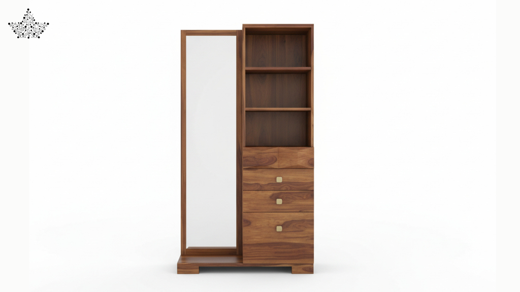 Walnut Mirror Dressing Unit with Shelves & Drawers