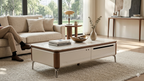 Marble Top Center Table | Walnut Wood, Cream Lacquer & Gunmetal Legs