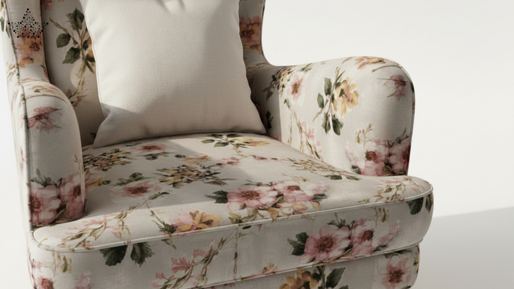 Floral-patterned armchair with a white pillow on a plain background