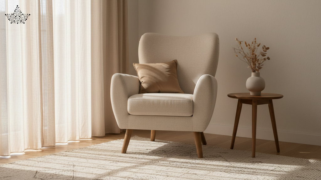 Beige armchair with a cushion in a room with curtains and a small table.