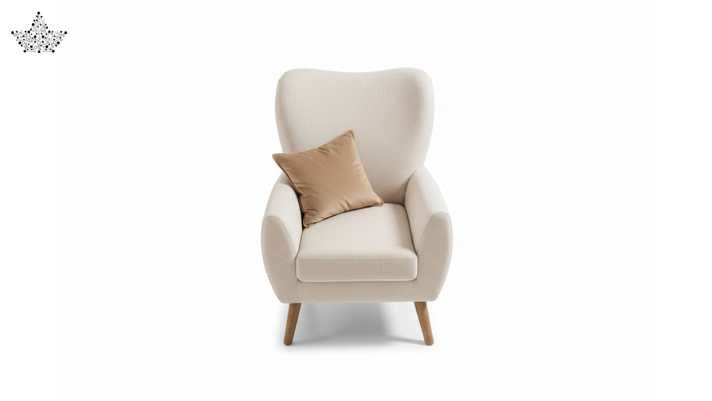 Beige armchair with a brown pillow on a white background