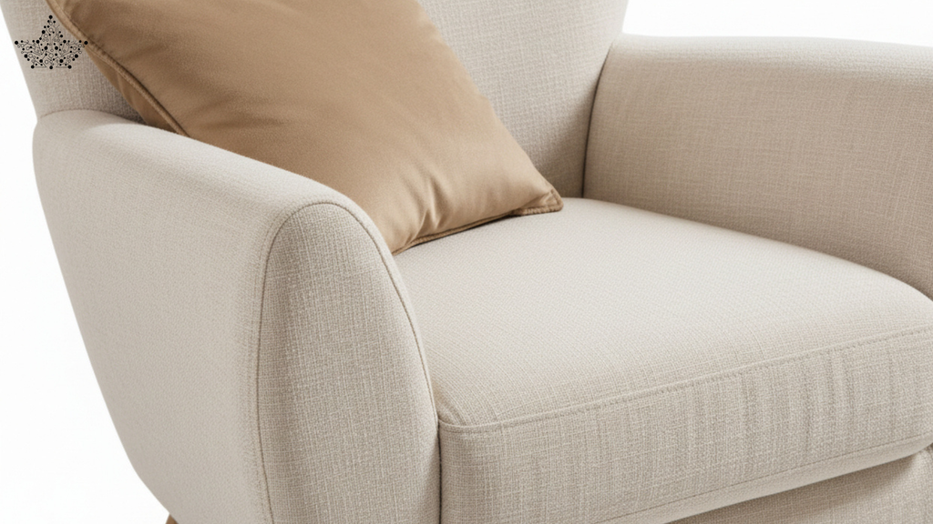 Beige sofa with a decorative pillow on a white background