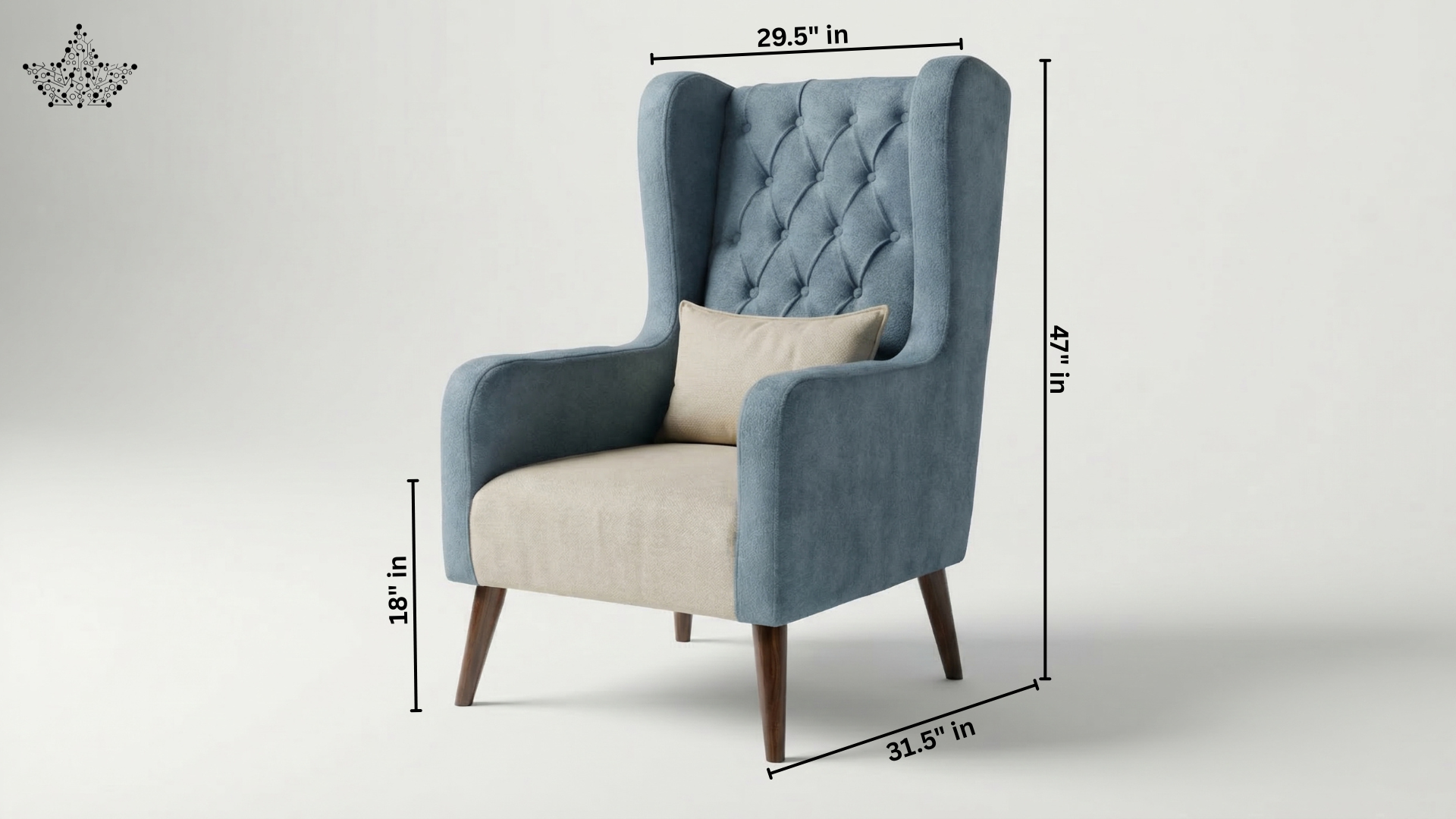 Blue armchair with beige cushion and dimensions displayed on a white background