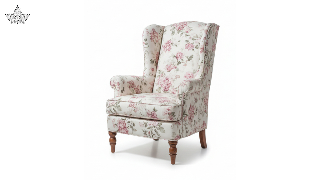 Floral-patterned wingback chair on a white background