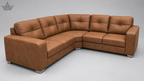 A modern L-shaped sectional sofa upholstered in warm brown faux leather, featuring tufted back cushions and square arms, shown on a light gray studio background.