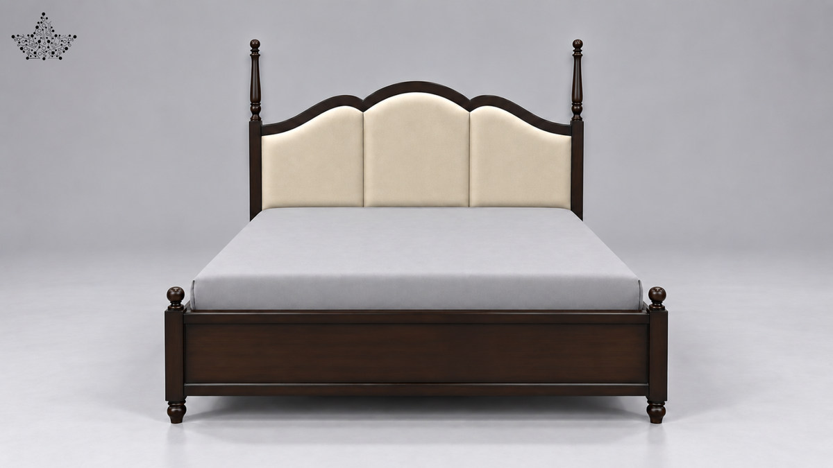 A classic wooden bed frame with a dark brown finish and an upholstered cream headboard, shown with a gray mattress on a neutral gray background.