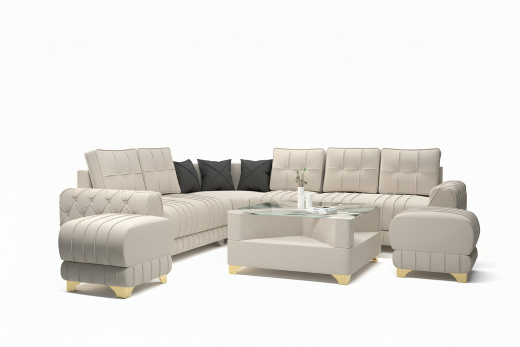 Beige sectional sofa with ottoman in a living room setting.