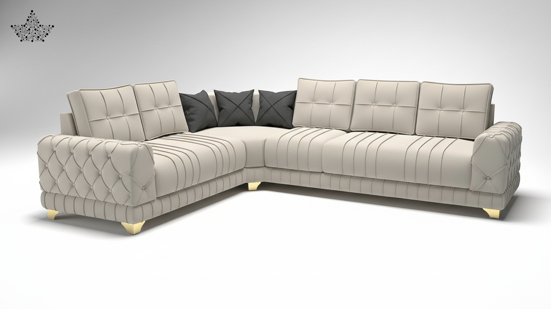 Beige sectional sofa with tufted design on a white background