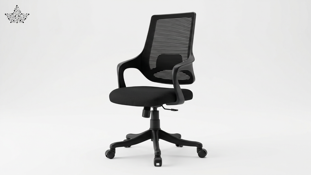 Black office chair with mesh back on a white background