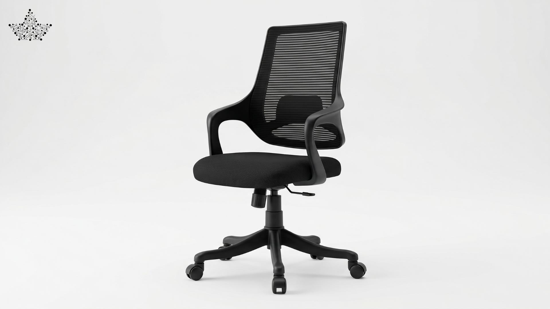 Black office chair with mesh back on a white background