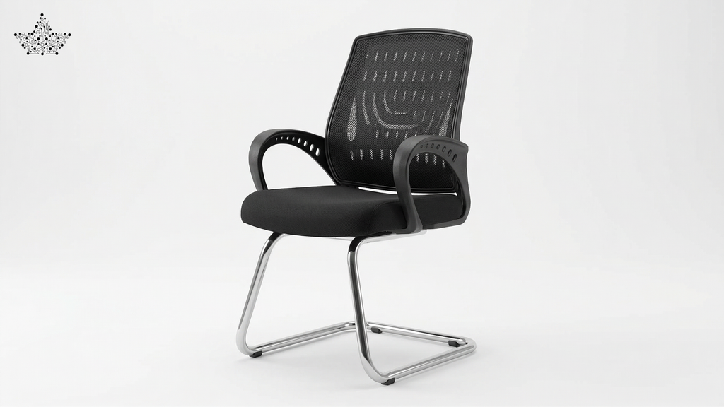 Black office chair with mesh backrest on a white background
