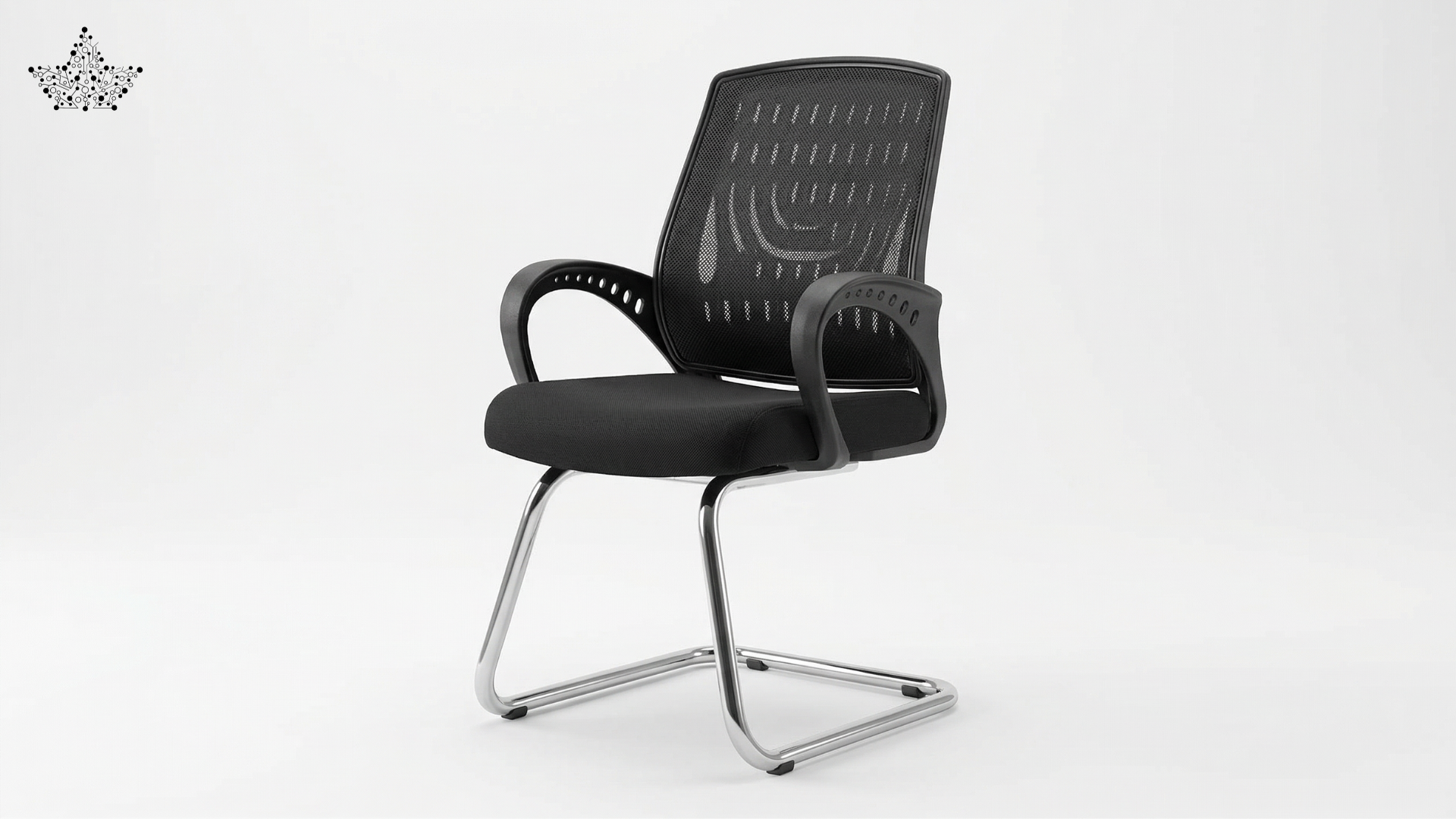 Black office chair with mesh backrest on a white background