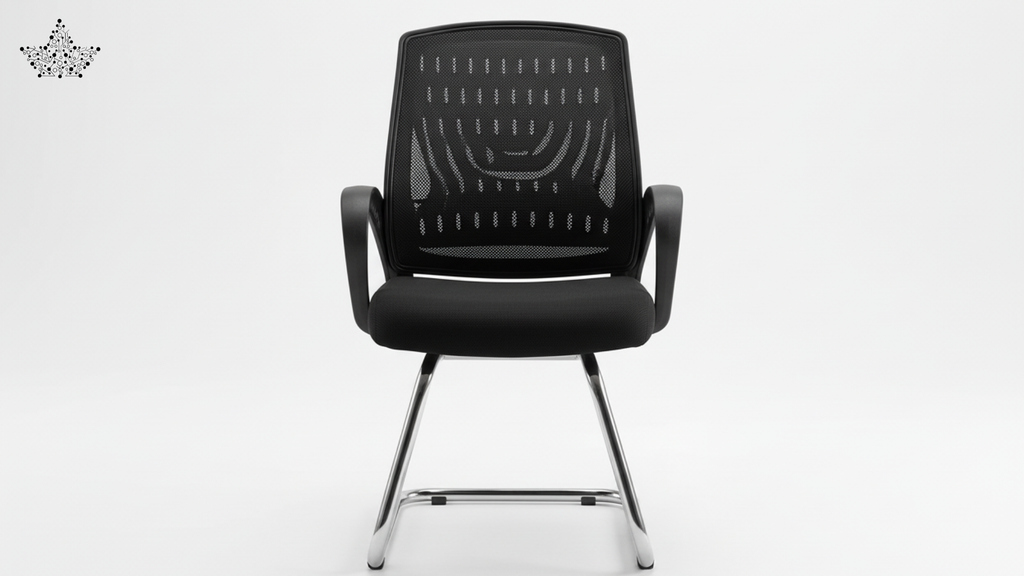 Black office chair with mesh back on a white background