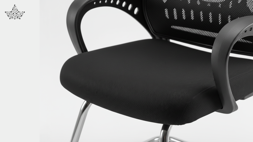 Black office chair with mesh back and seat on a white background