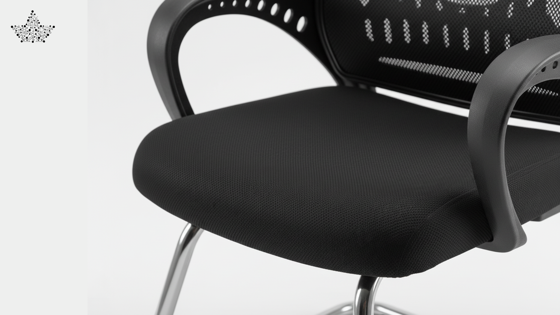 Black office chair with mesh back and seat on a white background