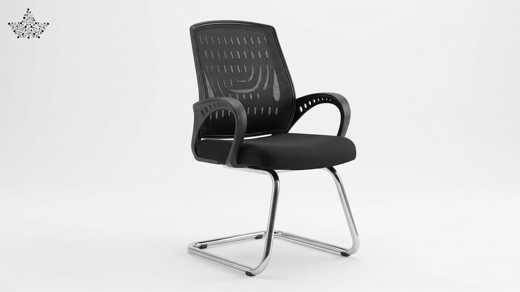 Black office chair with mesh backrest on a white background