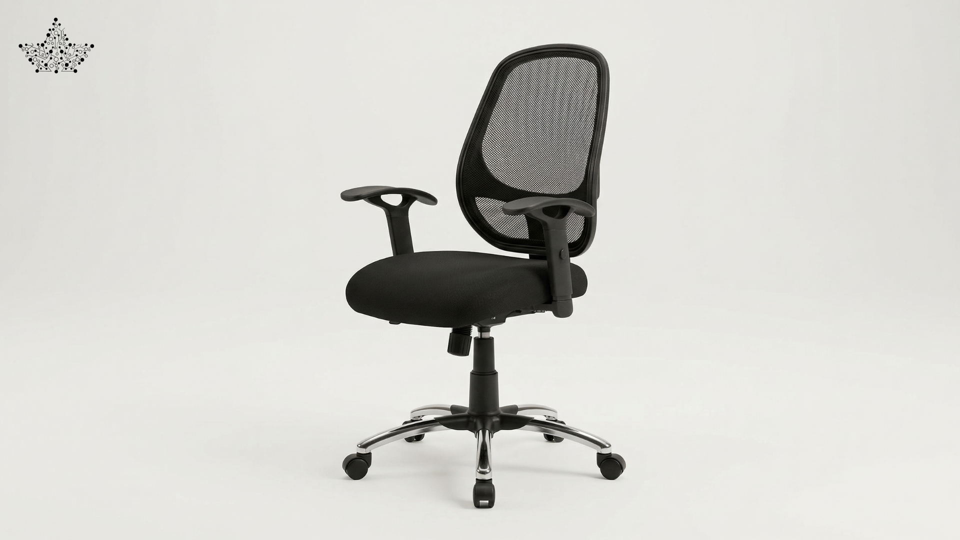 Black office chair with mesh back on a white background
