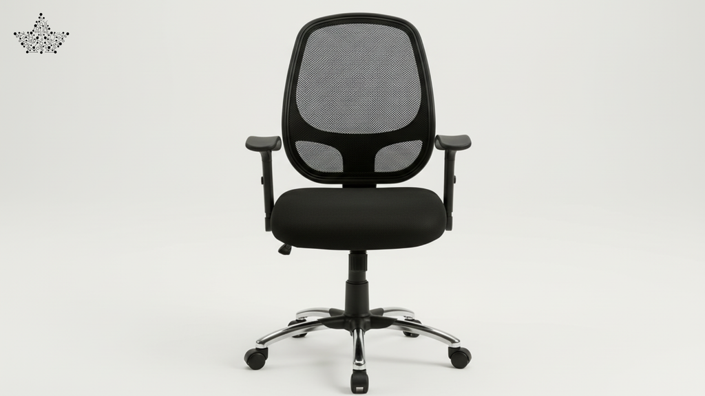 Black office chair with mesh back on a white background