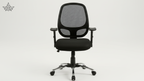 Black office chair with mesh back on a white background