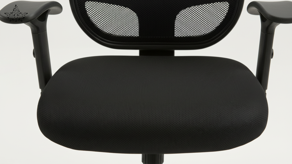 Black office chair with mesh backrest on a white background
