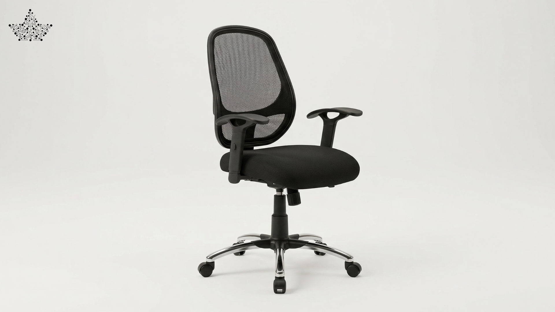 Black office chair with mesh backrest on a white background