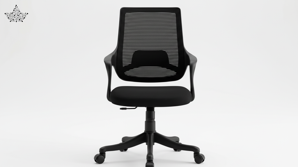Black office chair with mesh back on a white background