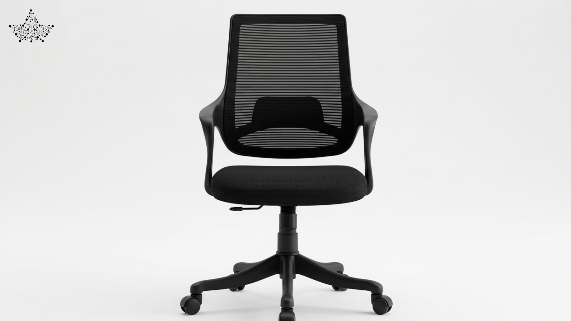 Black office chair with mesh back on a white background