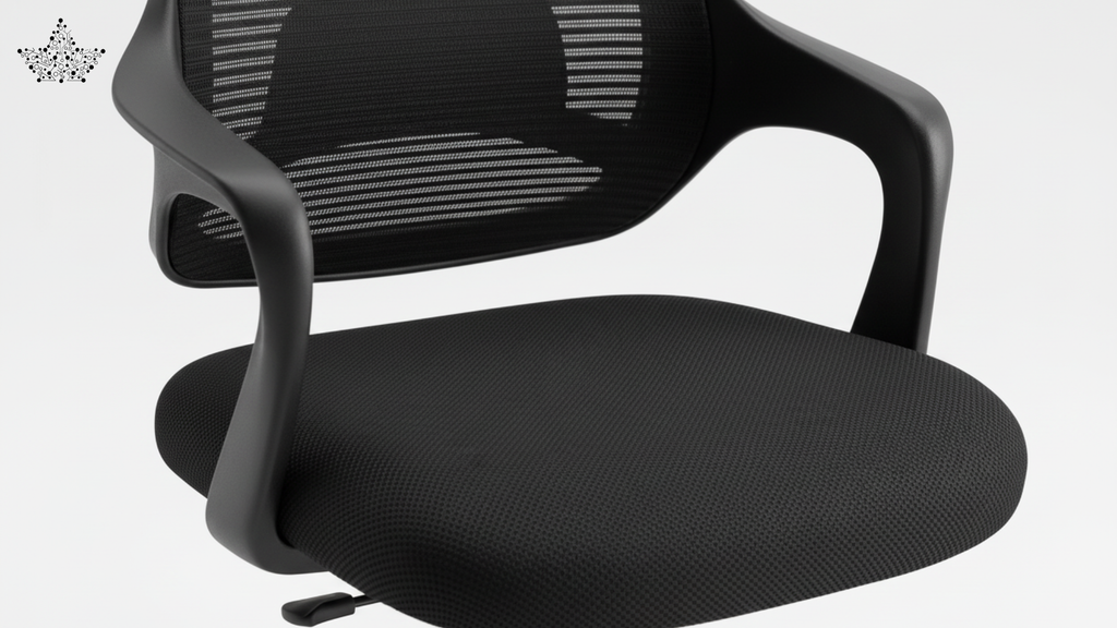 Black office chair with mesh back on a white background