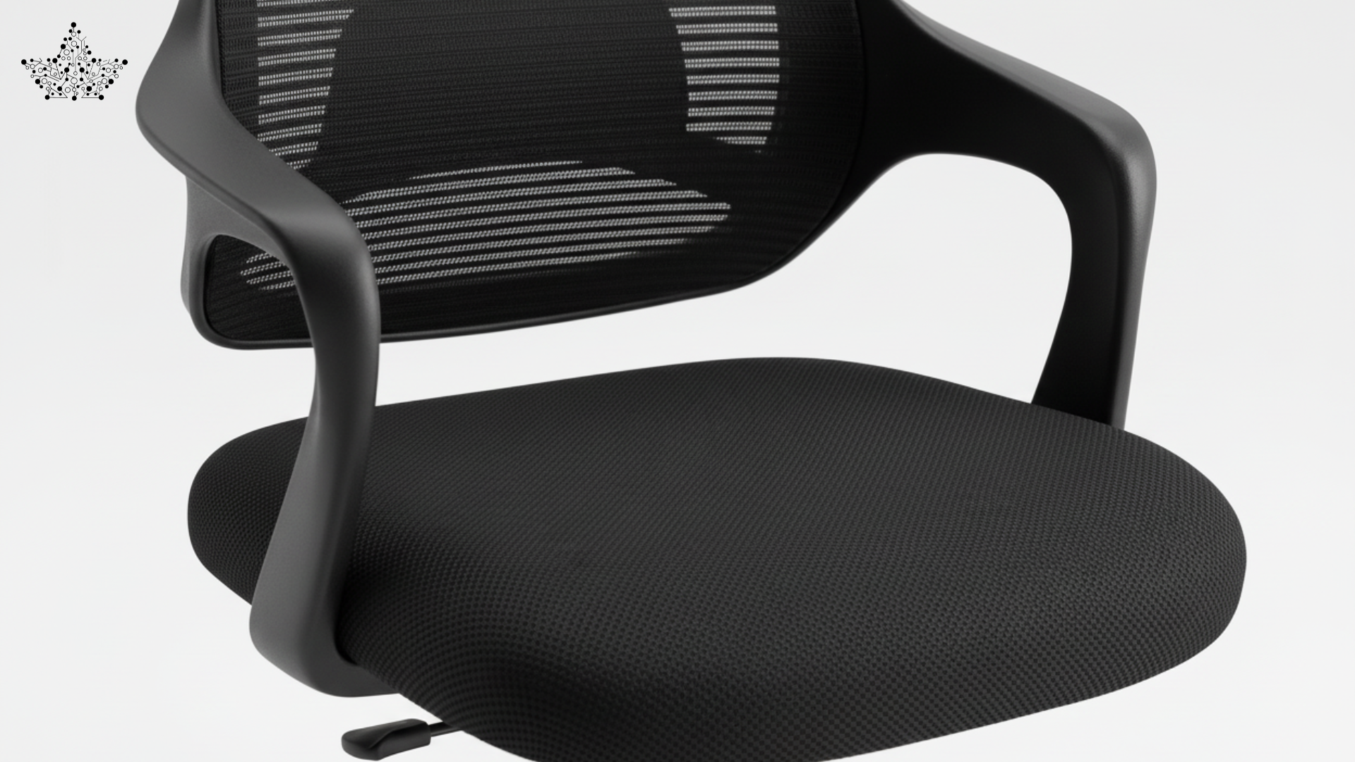 Black office chair with mesh back on a white background