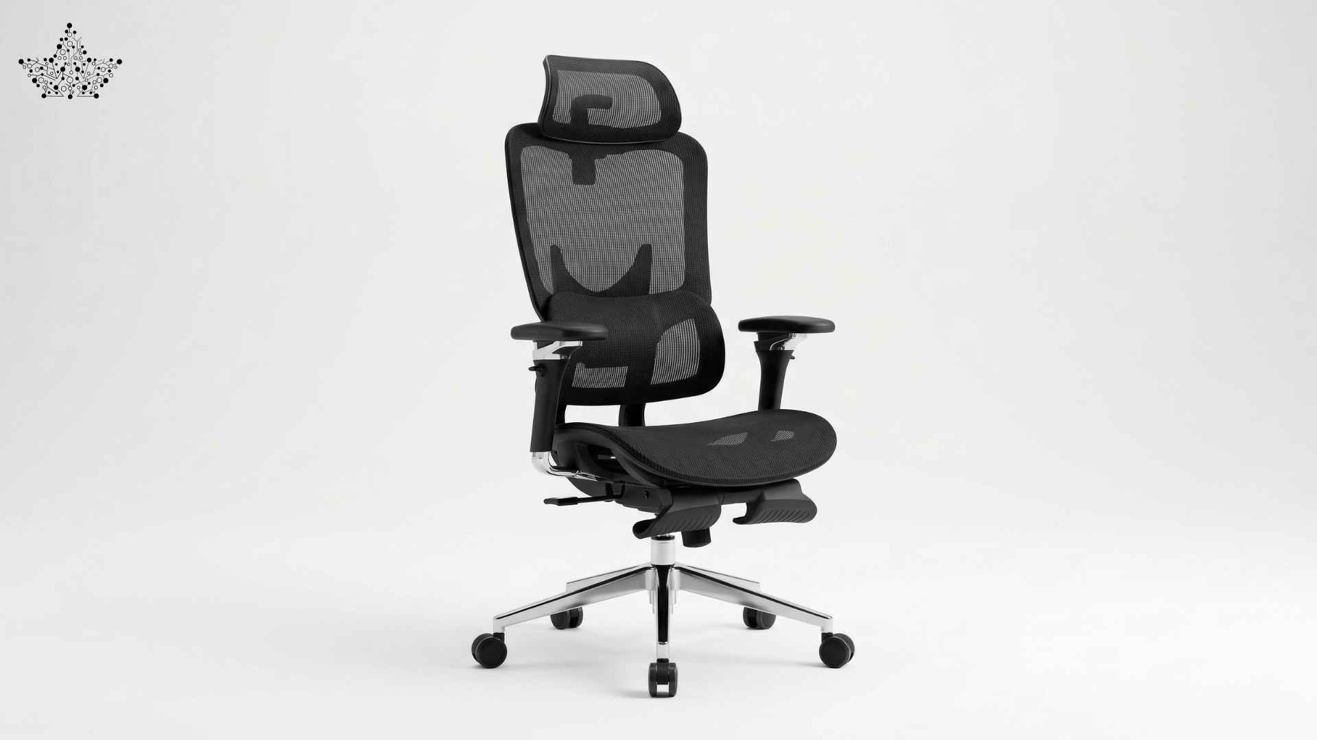 Black office chair with mesh back on a white background