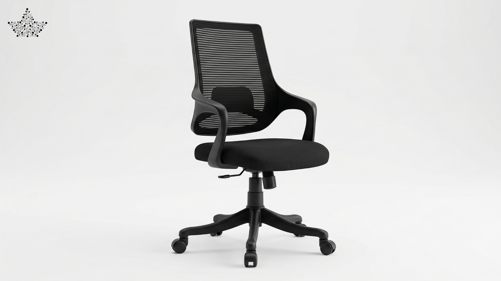 Black office chair with mesh back on a white background