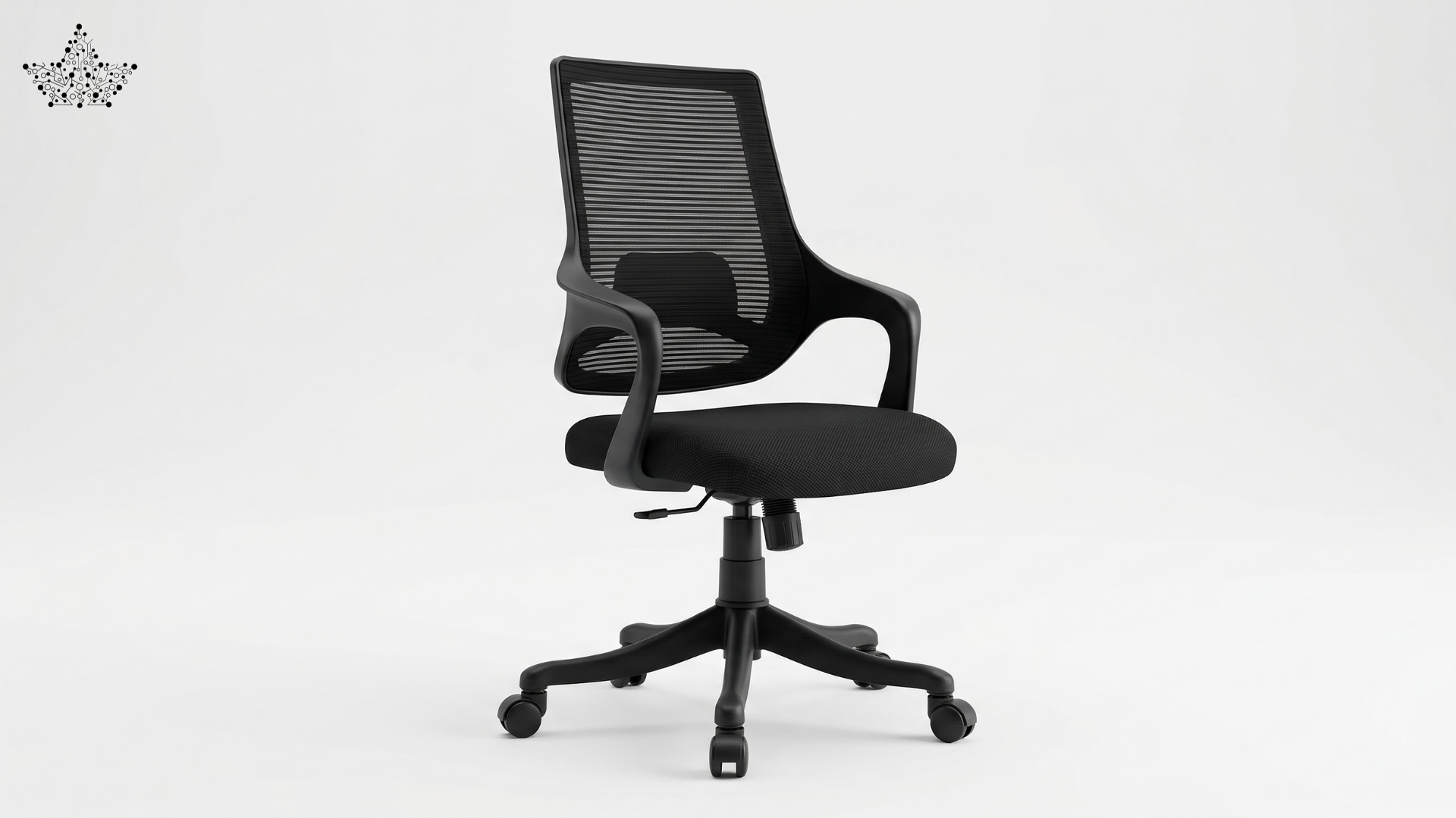 Black office chair with mesh back on a white background