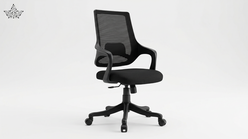 Black office chair with mesh back on a white background
