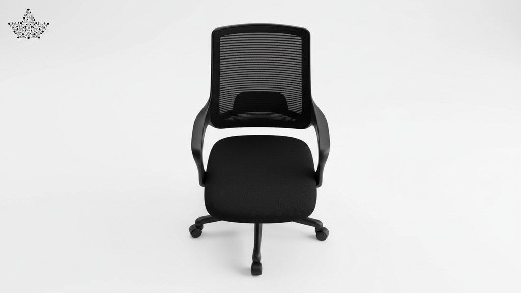 Black office chair with mesh back on a white background