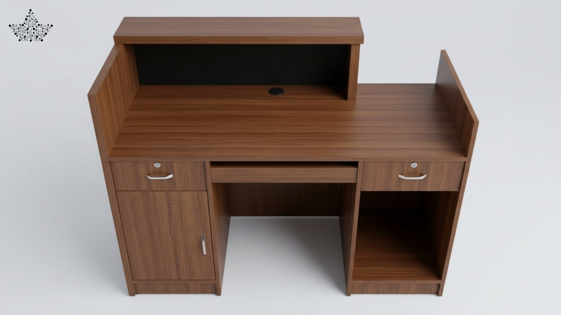 A modern wooden office desk with a brown wood-grain finish, featuring a top hutch, two side drawers with silver handles, an open lower cabinet, and an open storage shelf on the right.