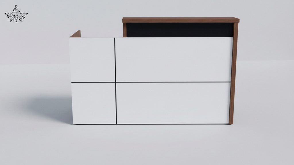 A modern white and brown wooden storage cabinet or organizer with a black interior panel, shown on a clean light gray background.