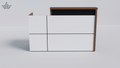 A modern white and brown wooden storage cabinet or organizer with a black interior panel, shown on a clean light gray background.