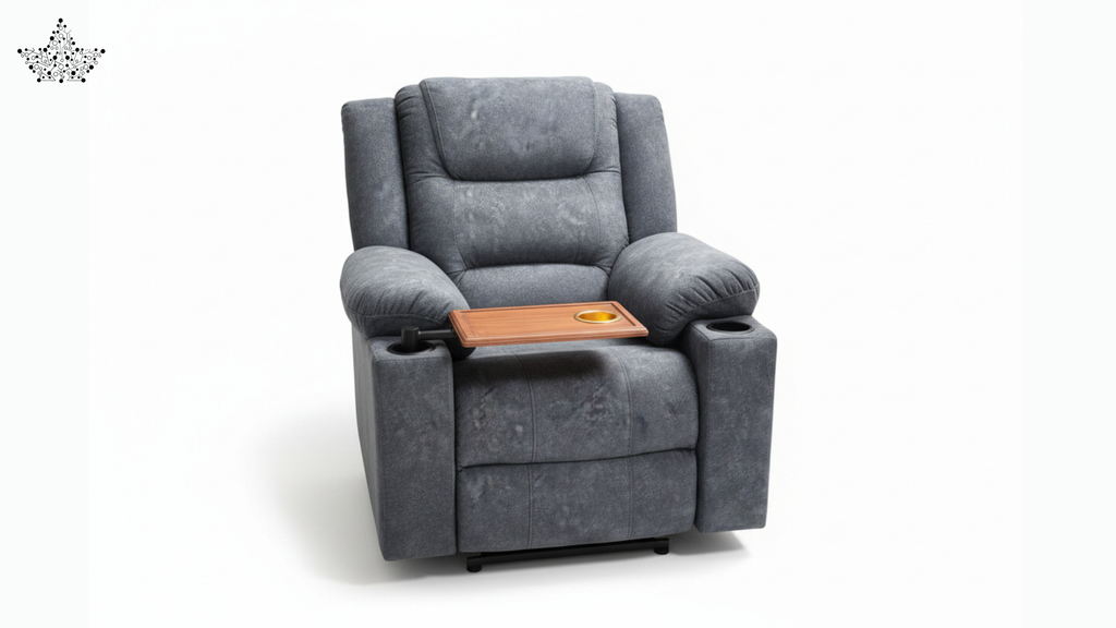 Gray recliner chair with a wooden tray on a white background
