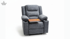 Gray recliner chair with a wooden tray on a white background