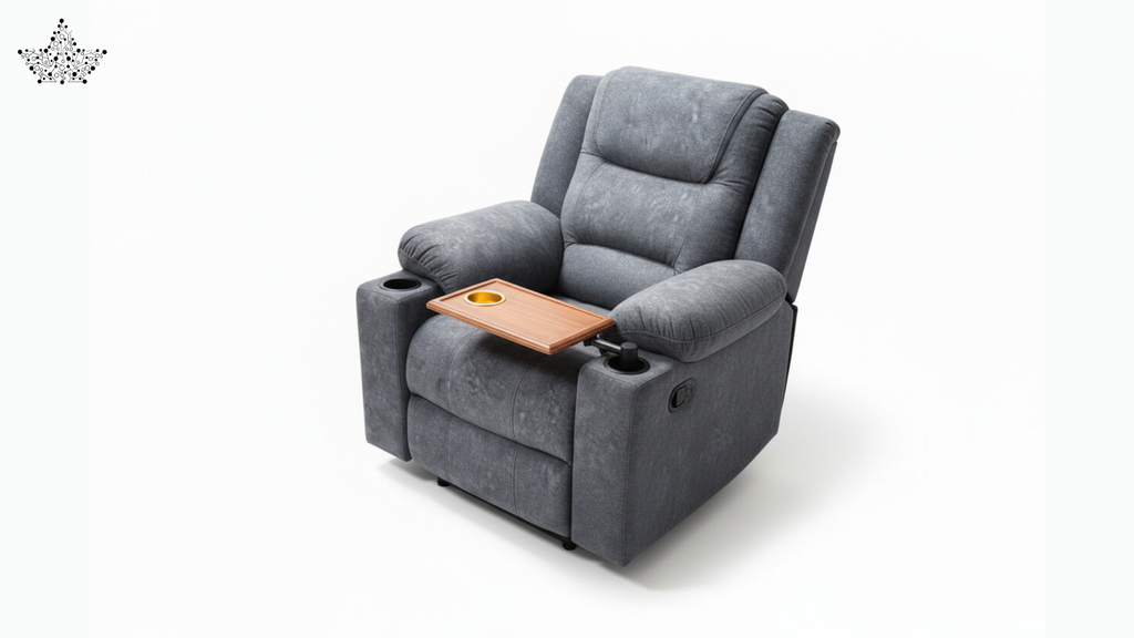 Gray recliner chair with a wooden tray on a white background