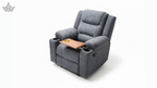 Gray recliner chair with a wooden tray on a white background