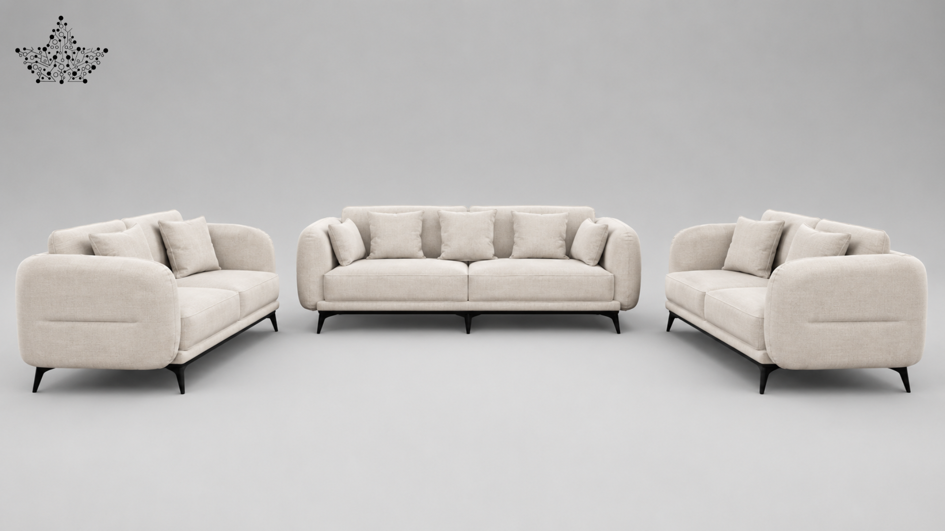 A three-piece modern sofa set in a light beige fabric, including a three-seat sofa, a two-seat loveseat, and matching accent pillows, shown on a neutral gray background.